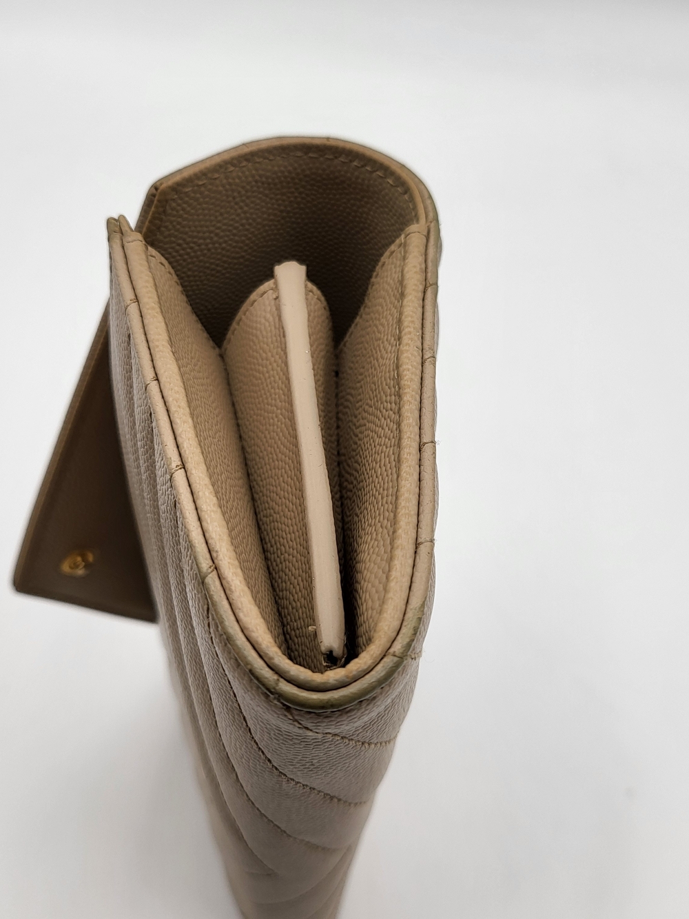 YVES SAINT LAURENT Grain De Poudre Matelasse Chevron Flap Wallet Dark Beige Auth - Picture 16 of 16